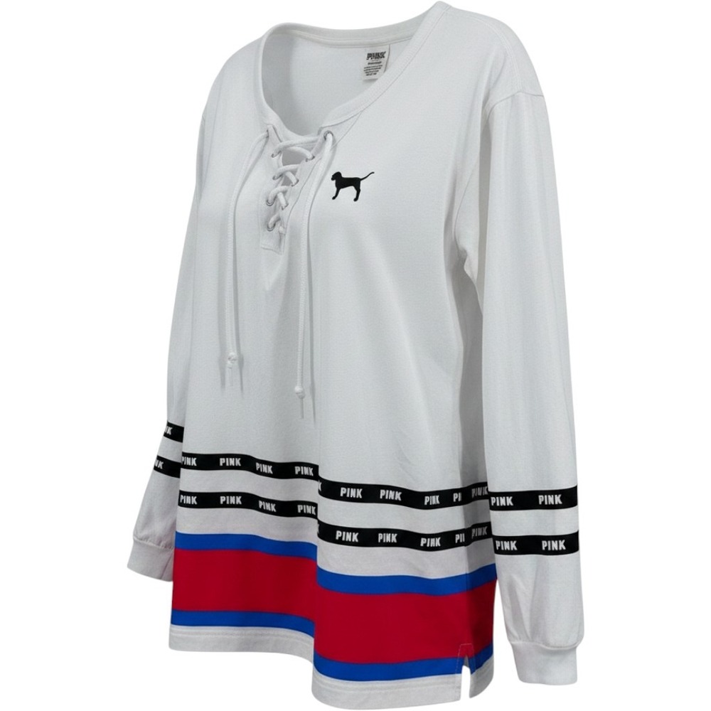 Victorias Secret Pink Sz Small Lace Up Long Sleeve Shirt White Colorblock Logo